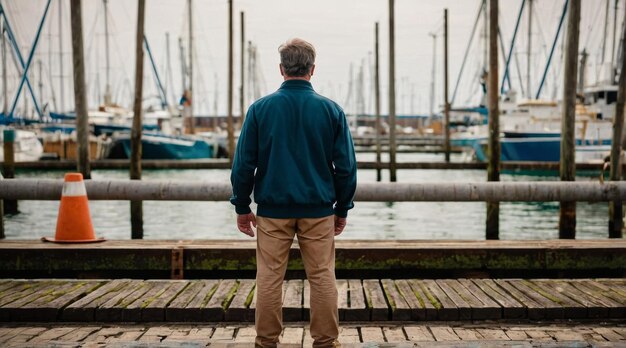 Rear view of man standing at commercial dock