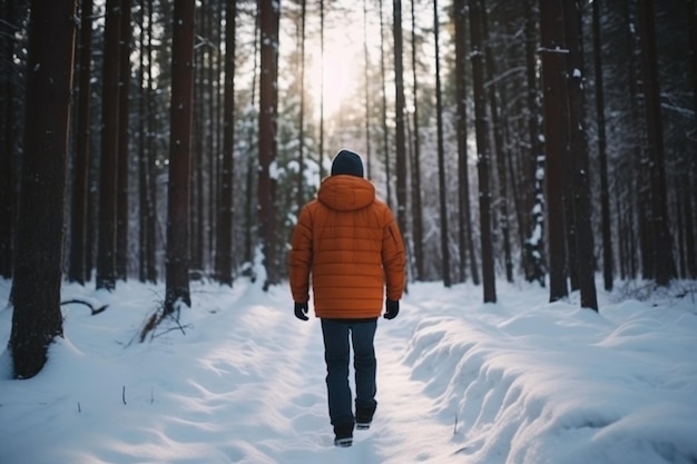 rear view man Walk in winter forest