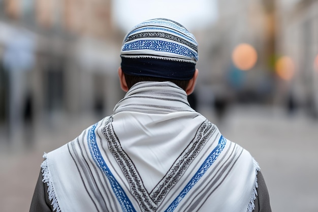 Photo rear view of a man wearing a traditional jewish prayer shawl