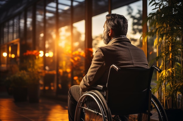 Rear view of a man in a wheelchair in a cafe at sunset