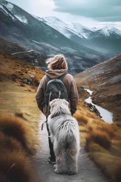 rear view of man with backpack hiking with big fluffy gray dog in mountains in autumn pet adoption