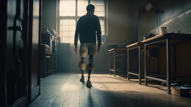 Rear view of man with prosthetic leg Generative Ai