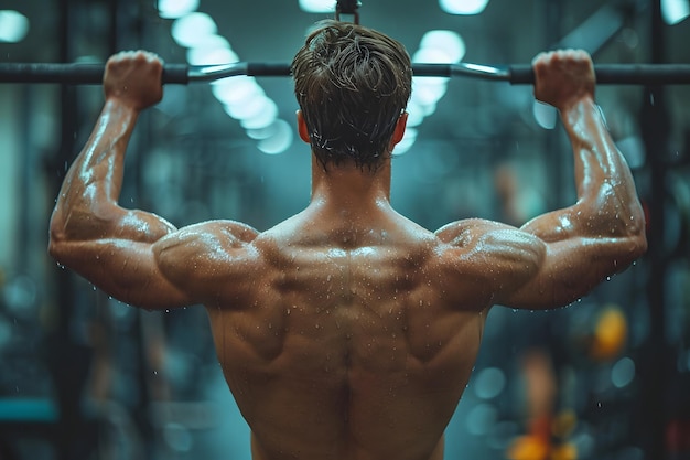 Rear view of a muscular man doing pullups in a gym showcasing strength and fitness