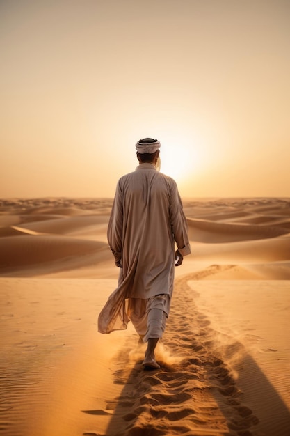 Rear view of a Muslim Arab man walking along the Beautiful Sand dunes in the Desert at sunset