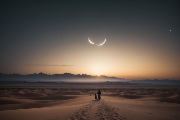 Rear view of a Muslim Arab man walking through the desert in the evening at night against a beautiful magical sky with stars and moon