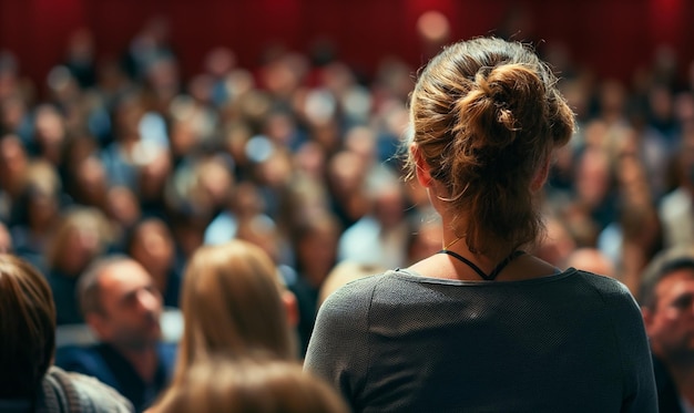 Rear view of people in audience at the conference hall Speaker giving a talk in conference hall at