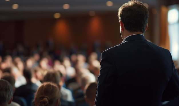 Rear view of people in audience at the conference hall Speaker giving a talk in conference hall at