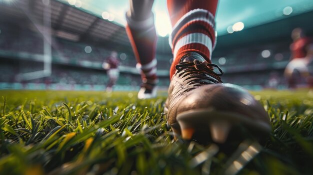 Photo rear view of a rugby player39s feet on the stadium grass ai generated image