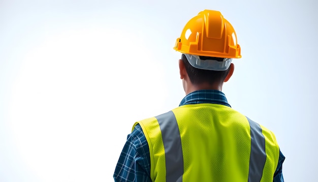 Rear view of senior engineer wearing safety helmet and reflective vest at construction site