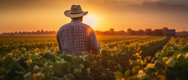 Rear view of senior farmer standing in soybean field examining crop at sunset Generative AI