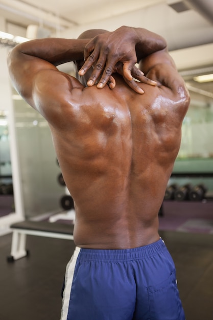 Rear view of a shirtless bodybuilder