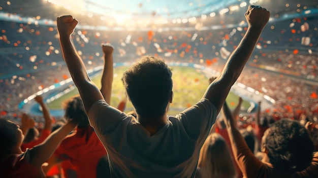 Rear view shot of crowd in stadium cheering hand with dusk smoke and crowd hyperrealistic