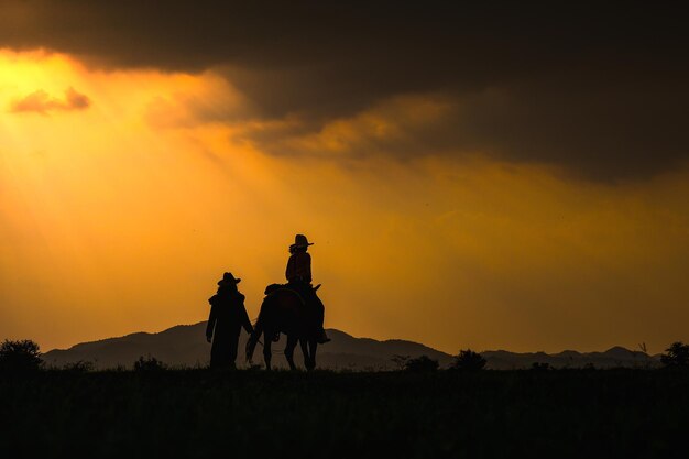 Rear view of silhouette cowboy walking with woman riding horse on land during sunset