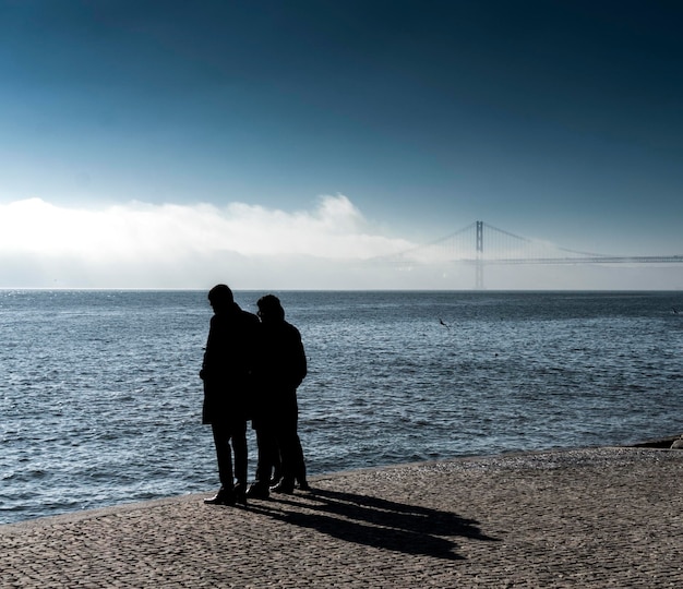 Rear view of silhouette friends standing in front of sea