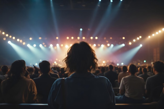 rear view of the silhouette of a group of people watching a music concert with different lights