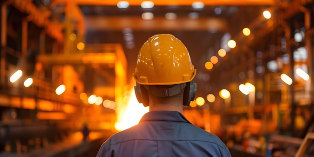 Rear view of steelmaker in protective gear at ingot casting in EAF shop Concept Steel Manufacturing Protective Gear Ingot Casting Electric Arc Furnace EAF Industrial Photography