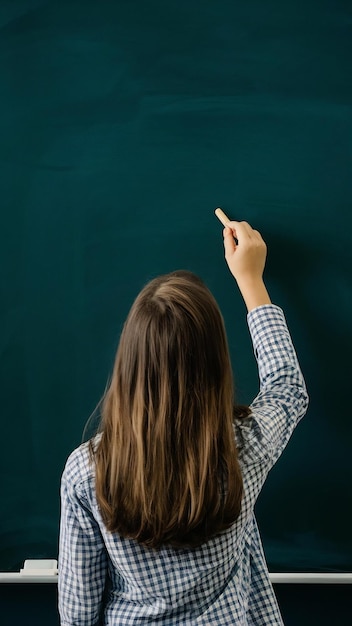 Rear view of a student or teacher with long brunette hr writing on a blank green blackboard or chal