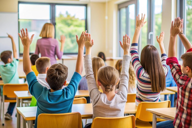 Photo rear view of students sitting with hands raised in classroom