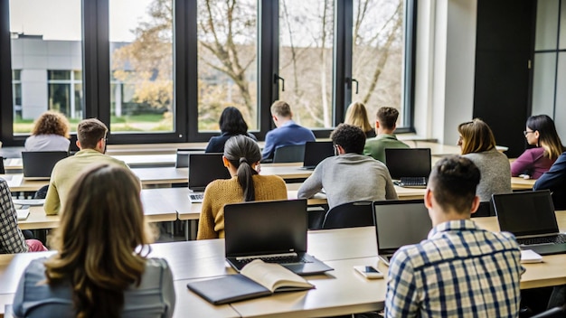 Photo rear view of students in university workshop laptops open