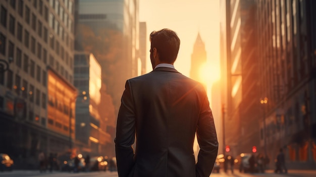 Rear view of a successful Businessman in a big city standing on the street at sunrise or sunset