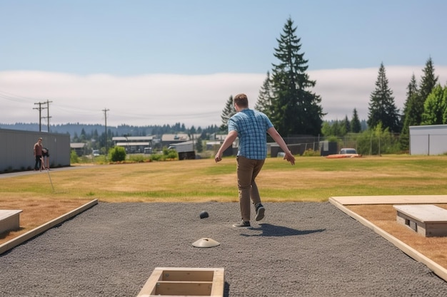 Photo rear view of a teenager throwing two bean hags while playing cornhole on a turf field