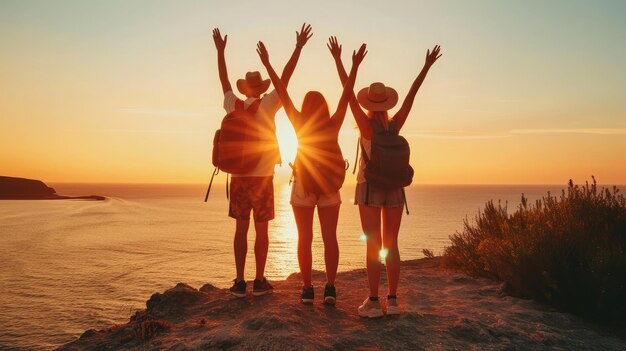 Rear view of three couple best friends travelers put hands up at sunset Young relaxing hipster wanderers enjoying exclusive alternative destination Holiday life moment at warm orange light