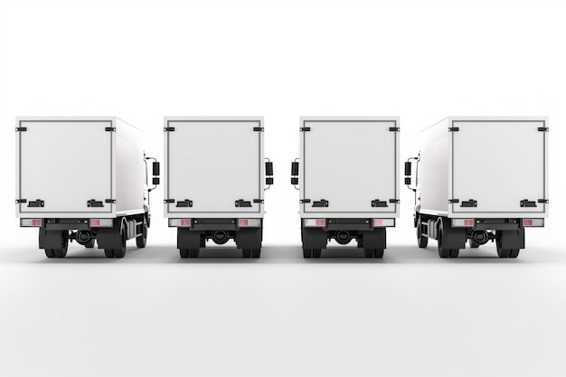 Rear view of three white delivery trucks isolated on a clean white background