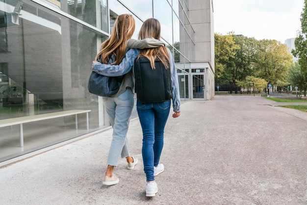 Rear view of two female friends walking together in embrace.