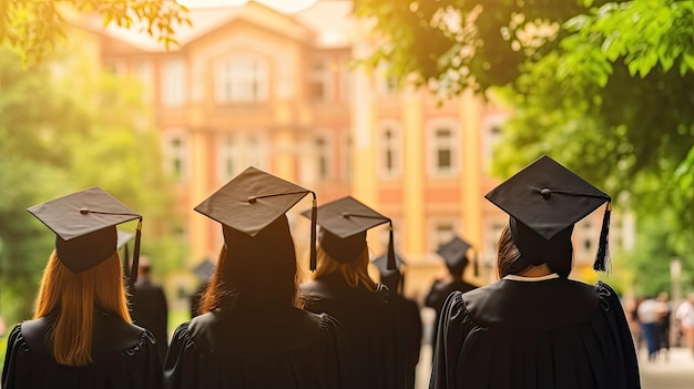 Rear view of university graduates wearing graduation gown and cap in the commencement day