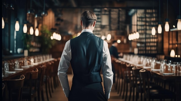 Rear view of waiter standing in restaurant Generative AI