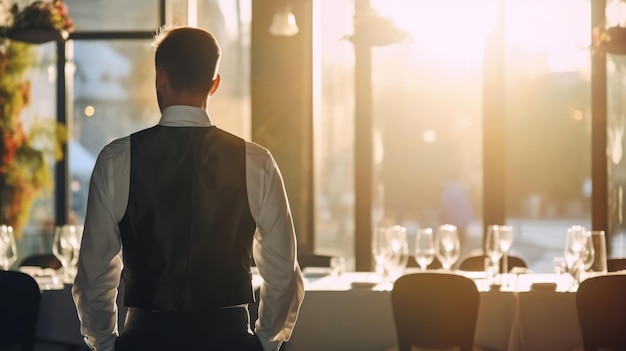 Rear view of waiter standing in restaurant Generative AI