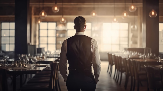 Rear view of waiter standing in restaurant Generative AI