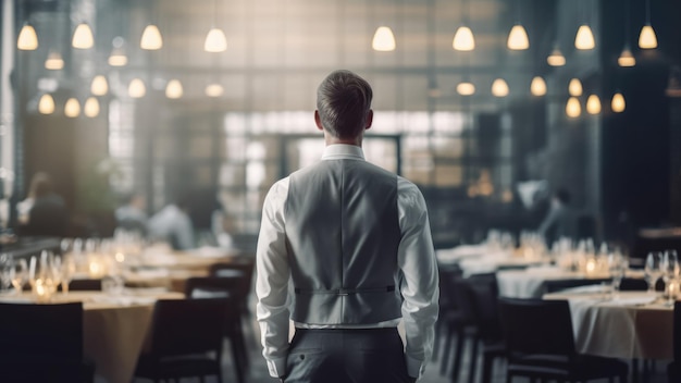 Rear view of waiter standing in restaurant Generative AI