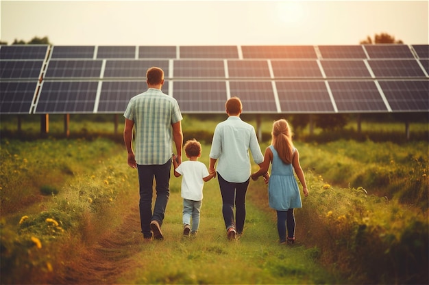 Rear view of walking father with three kids in front of solar panels at field Generative AI