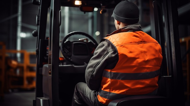 Rear view of warehouse worker standing in front of forklift in warehouse