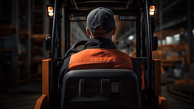 Rear view of warehouse worker standing in front of forklift in warehouse