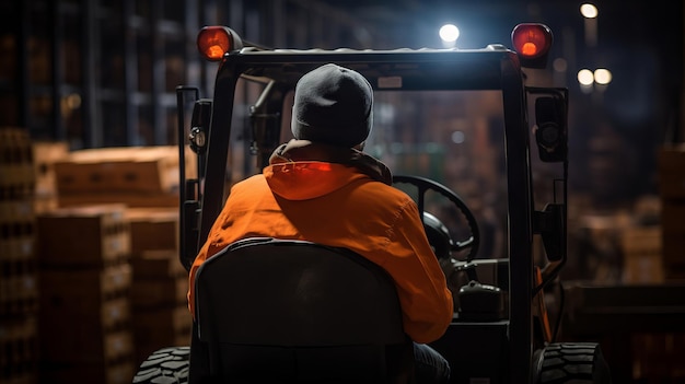 Rear view of warehouse worker standing in front of forklift in warehouse