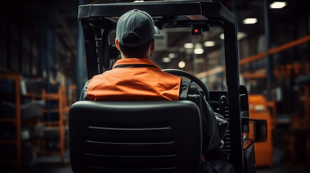 Rear view of warehouse worker standing in front of forklift in warehouse