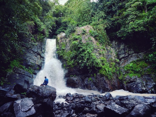 Rear view of waterfall on rock formation