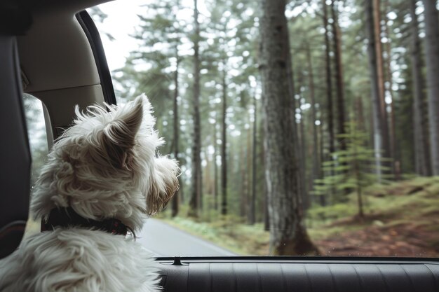 Photo rear view of white fluffy dog stands in the front passenger seat of car looking out of the window to the forest