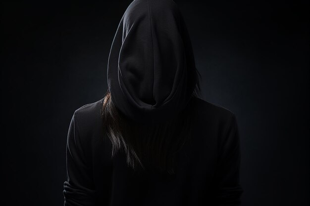 Rear view of a woman in a black hoodie in the dark