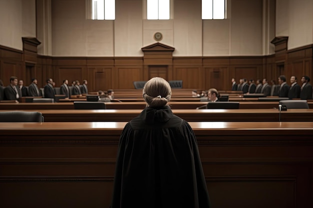 Rear view of a woman in a black robe sitting at the table in front of the crowd A court attorney lawyer full rear view inside court AI Generated