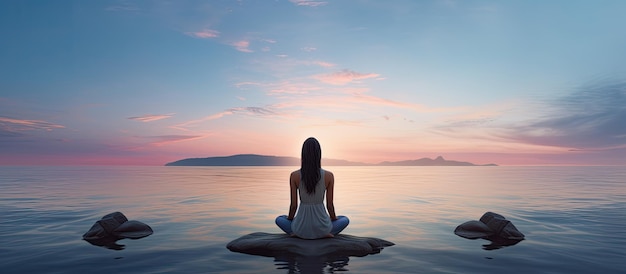 Rear view of woman by the sea embodying meditation and healthy lifestyle