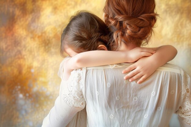 Photo rear view of woman embraced by her little daughter