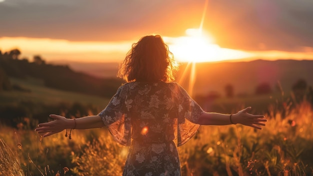 Rear view of woman on the hill at sunset with open arms