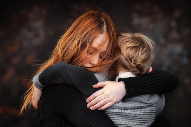 Photo rear view of a woman hugging her son