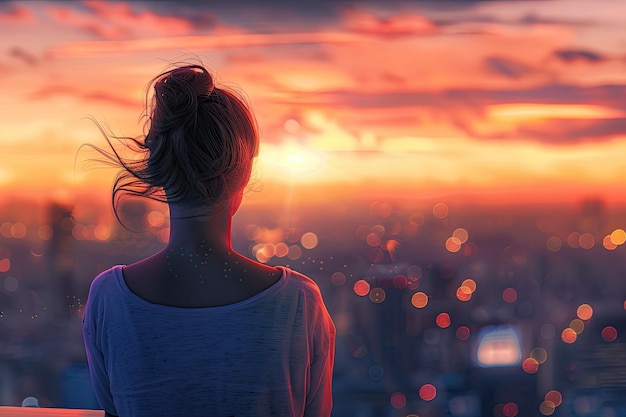 Rear view of woman looking cityscape at sunset