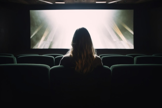 Rear view of woman sitting alone watching movie in empty theatre