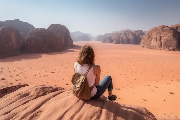 rear view of Woman traveler contemplating the scenic mountain view of Wadi Rum desert from above