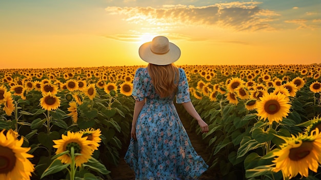 Rear view of a woman walking through a sunflower